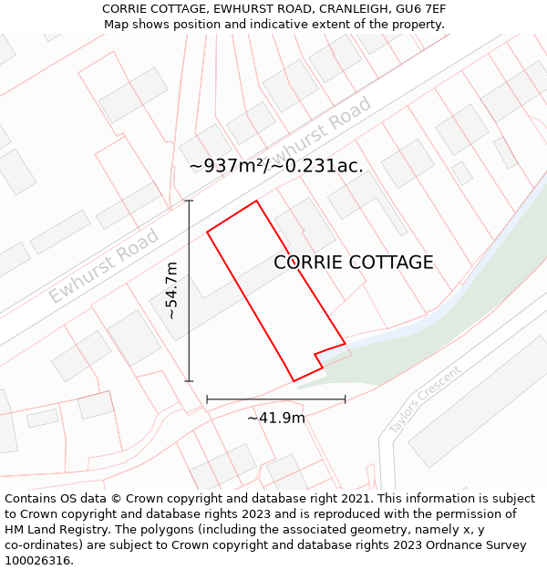 CORRIE COTTAGE, EWHURST ROAD, CRANLEIGH, GU6 7EF: Plot and title map