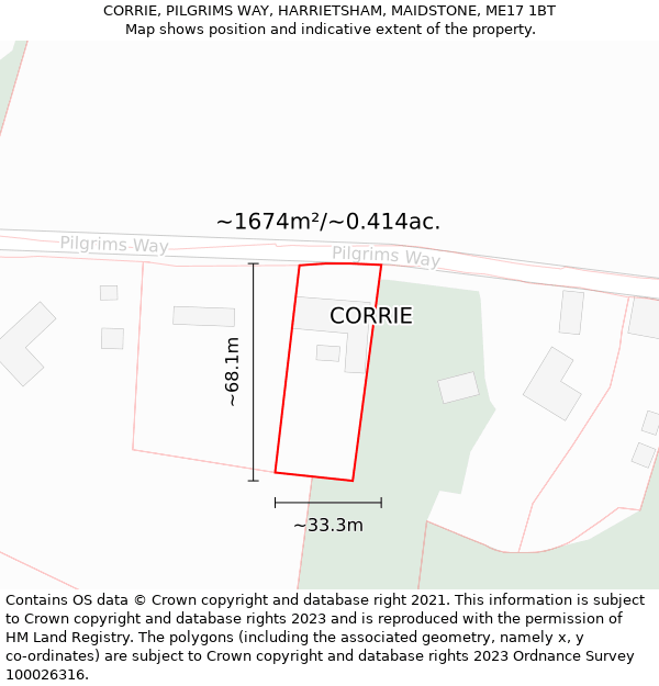 CORRIE, PILGRIMS WAY, HARRIETSHAM, MAIDSTONE, ME17 1BT: Plot and title map