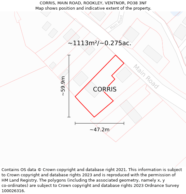 CORRIS, MAIN ROAD, ROOKLEY, VENTNOR, PO38 3NF: Plot and title map