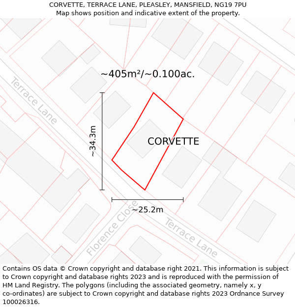 CORVETTE, TERRACE LANE, PLEASLEY, MANSFIELD, NG19 7PU: Plot and title map