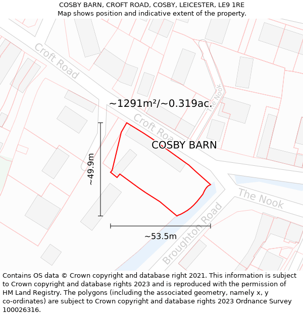 COSBY BARN, CROFT ROAD, COSBY, LEICESTER, LE9 1RE: Plot and title map