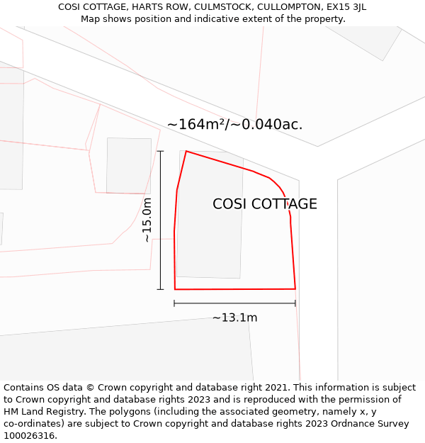 COSI COTTAGE, HARTS ROW, CULMSTOCK, CULLOMPTON, EX15 3JL: Plot and title map