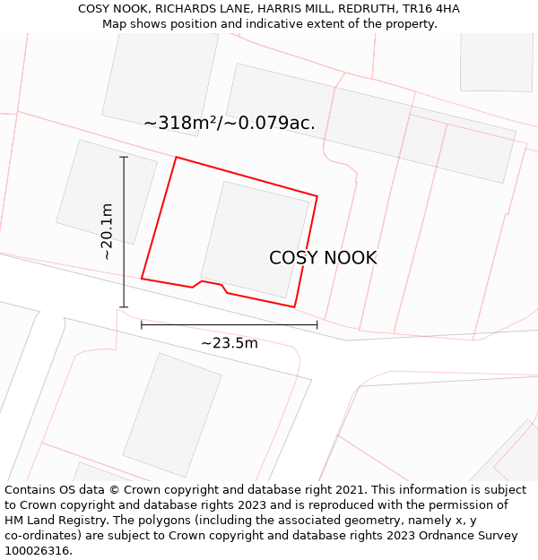 COSY NOOK, RICHARDS LANE, HARRIS MILL, REDRUTH, TR16 4HA: Plot and title map