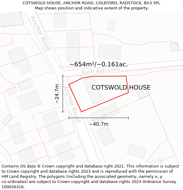 COTSWOLD HOUSE, ANCHOR ROAD, COLEFORD, RADSTOCK, BA3 5PL: Plot and title map