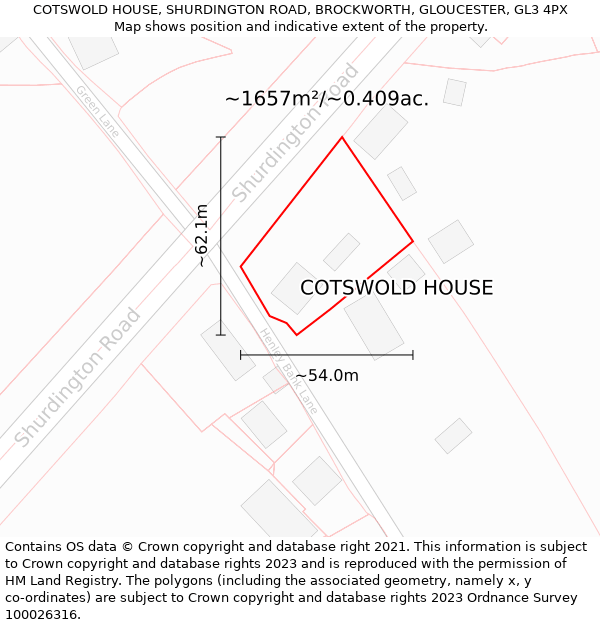 COTSWOLD HOUSE, SHURDINGTON ROAD, BROCKWORTH, GLOUCESTER, GL3 4PX: Plot and title map