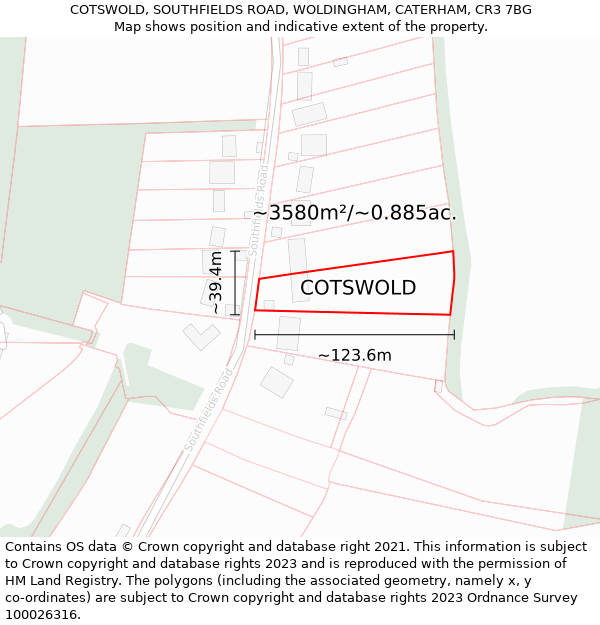 COTSWOLD, SOUTHFIELDS ROAD, WOLDINGHAM, CATERHAM, CR3 7BG: Plot and title map