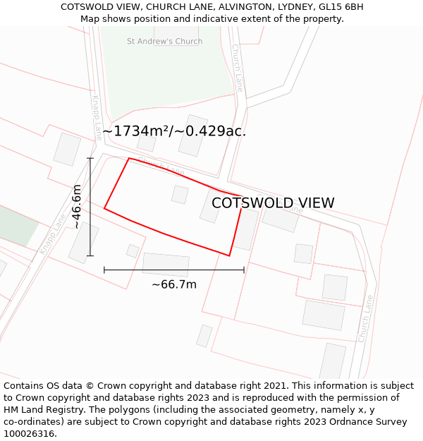 COTSWOLD VIEW, CHURCH LANE, ALVINGTON, LYDNEY, GL15 6BH: Plot and title map