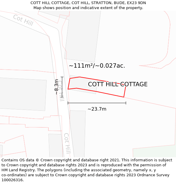 COTT HILL COTTAGE, COT HILL, STRATTON, BUDE, EX23 9DN: Plot and title map