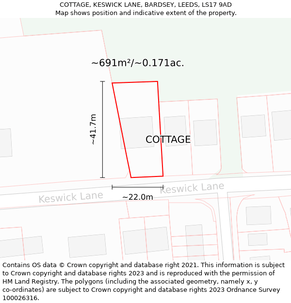 COTTAGE, KESWICK LANE, BARDSEY, LEEDS, LS17 9AD: Plot and title map