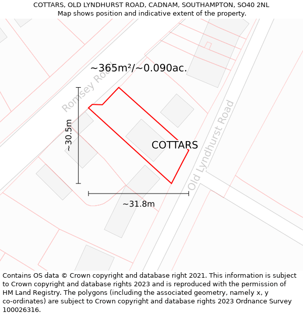 COTTARS, OLD LYNDHURST ROAD, CADNAM, SOUTHAMPTON, SO40 2NL: Plot and title map