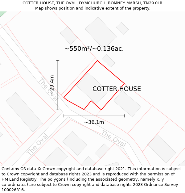 COTTER HOUSE, THE OVAL, DYMCHURCH, ROMNEY MARSH, TN29 0LR: Plot and title map