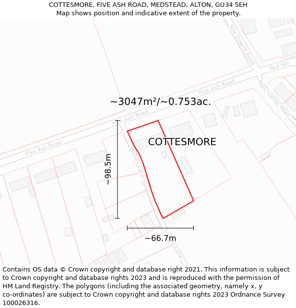 COTTESMORE, FIVE ASH ROAD, MEDSTEAD, ALTON, GU34 5EH: Plot and title map