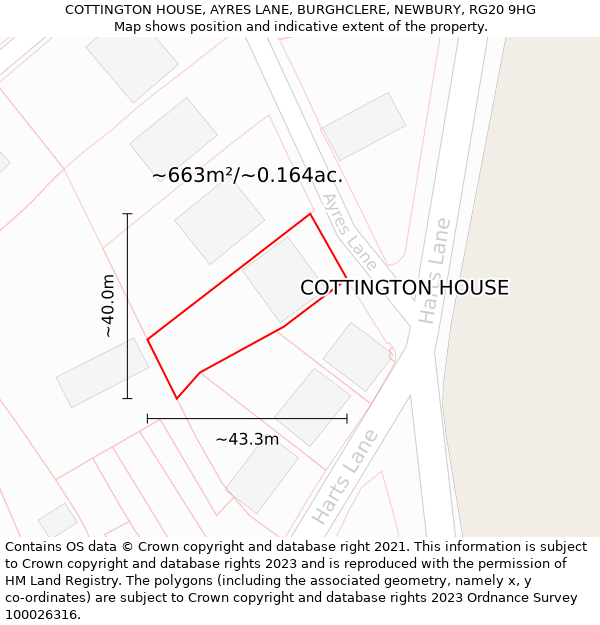 COTTINGTON HOUSE, AYRES LANE, BURGHCLERE, NEWBURY, RG20 9HG: Plot and title map