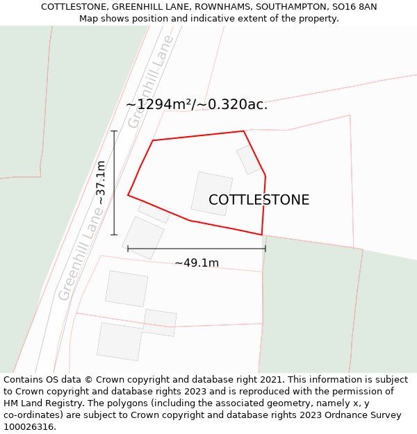 COTTLESTONE, GREENHILL LANE, ROWNHAMS, SOUTHAMPTON, SO16 8AN: Plot and title map