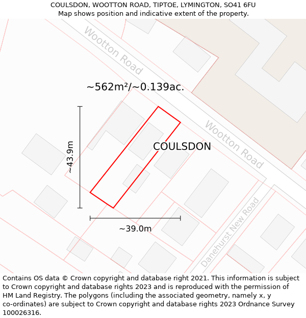 COULSDON, WOOTTON ROAD, TIPTOE, LYMINGTON, SO41 6FU: Plot and title map