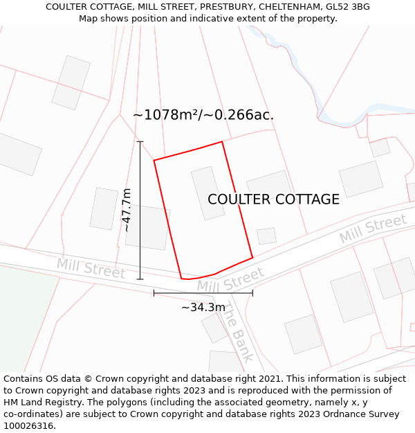 COULTER COTTAGE, MILL STREET, PRESTBURY, CHELTENHAM, GL52 3BG: Plot and title map