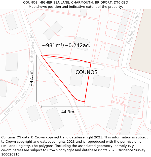 COUNOS, HIGHER SEA LANE, CHARMOUTH, BRIDPORT, DT6 6BD: Plot and title map