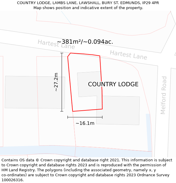 COUNTRY LODGE, LAMBS LANE, LAWSHALL, BURY ST. EDMUNDS, IP29 4PR: Plot and title map