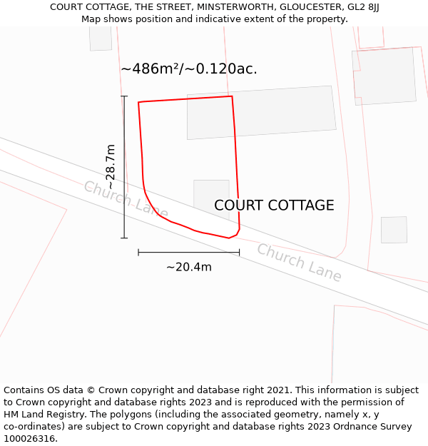 COURT COTTAGE, THE STREET, MINSTERWORTH, GLOUCESTER, GL2 8JJ: Plot and title map