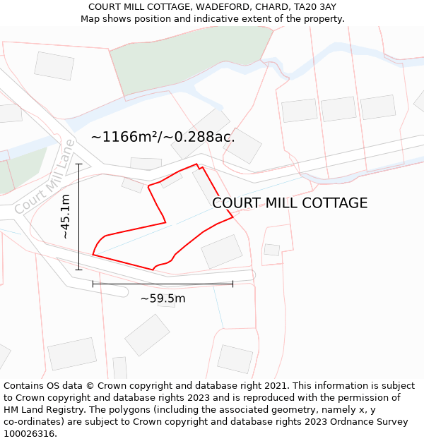 COURT MILL COTTAGE, WADEFORD, CHARD, TA20 3AY: Plot and title map