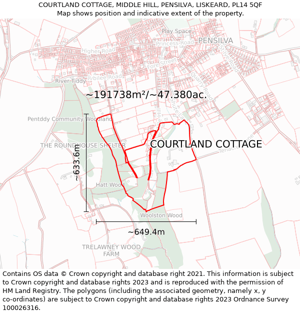 COURTLAND COTTAGE, MIDDLE HILL, PENSILVA, LISKEARD, PL14 5QF: Plot and title map