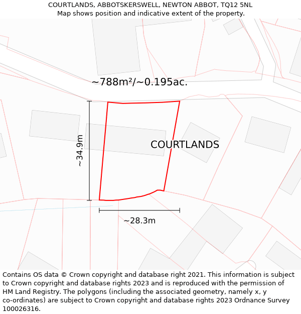 COURTLANDS, ABBOTSKERSWELL, NEWTON ABBOT, TQ12 5NL: Plot and title map