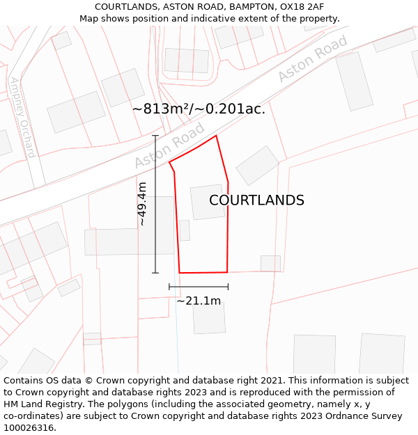 COURTLANDS, ASTON ROAD, BAMPTON, OX18 2AF: Plot and title map