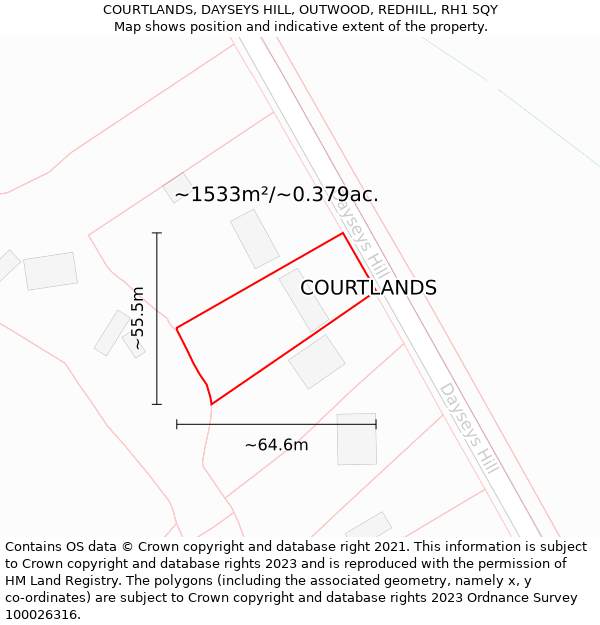 COURTLANDS, DAYSEYS HILL, OUTWOOD, REDHILL, RH1 5QY: Plot and title map