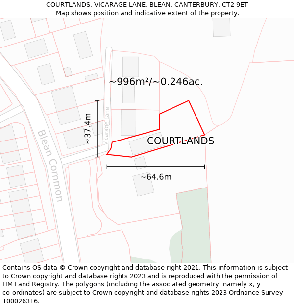 COURTLANDS, VICARAGE LANE, BLEAN, CANTERBURY, CT2 9ET: Plot and title map