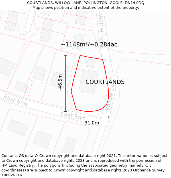 COURTLANDS, WILLOW LANE, POLLINGTON, GOOLE, DN14 0DQ: Plot and title map