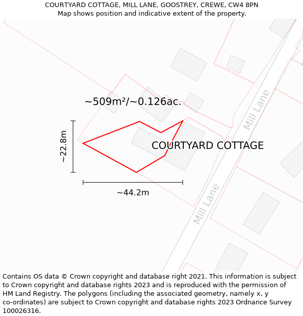 COURTYARD COTTAGE, MILL LANE, GOOSTREY, CREWE, CW4 8PN: Plot and title map