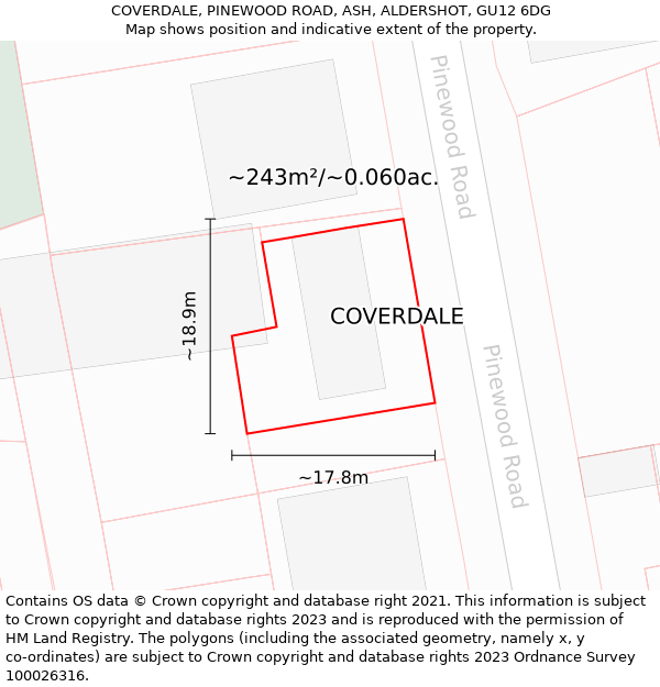 COVERDALE, PINEWOOD ROAD, ASH, ALDERSHOT, GU12 6DG: Plot and title map