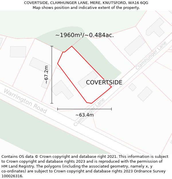 COVERTSIDE, CLAMHUNGER LANE, MERE, KNUTSFORD, WA16 6QG: Plot and title map