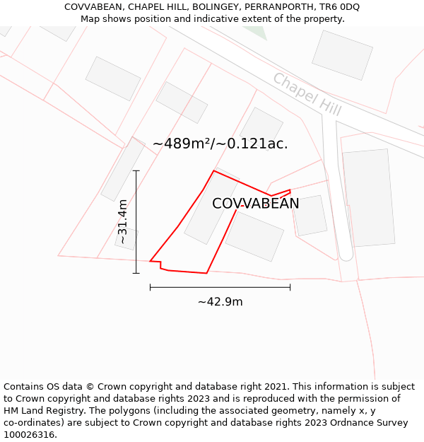COVVABEAN, CHAPEL HILL, BOLINGEY, PERRANPORTH, TR6 0DQ: Plot and title map
