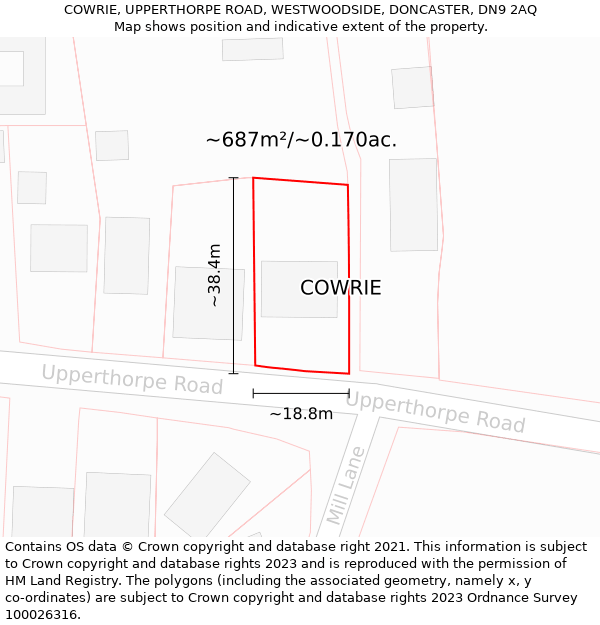 COWRIE, UPPERTHORPE ROAD, WESTWOODSIDE, DONCASTER, DN9 2AQ: Plot and title map