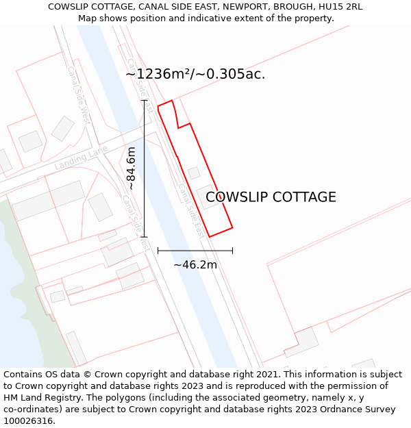 COWSLIP COTTAGE, CANAL SIDE EAST, NEWPORT, BROUGH, HU15 2RL: Plot and title map