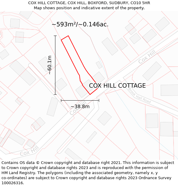 COX HILL COTTAGE, COX HILL, BOXFORD, SUDBURY, CO10 5HR: Plot and title map