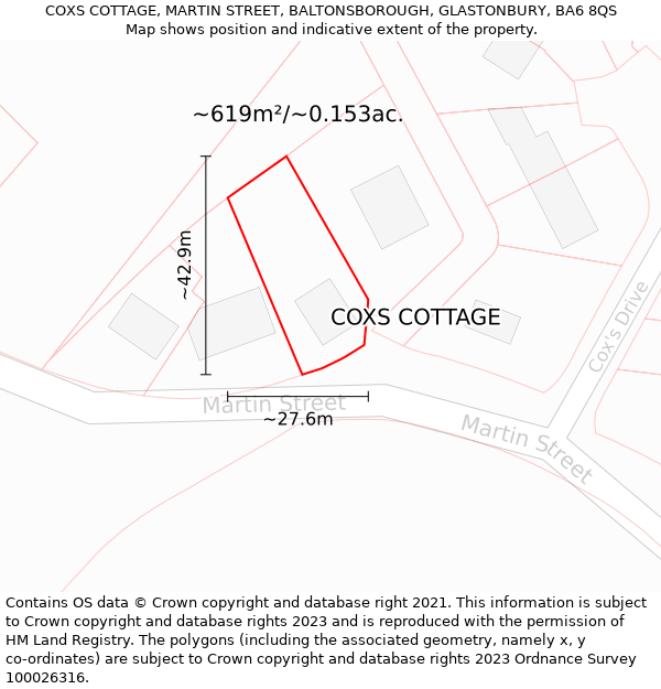 COXS COTTAGE, MARTIN STREET, BALTONSBOROUGH, GLASTONBURY, BA6 8QS: Plot and title map