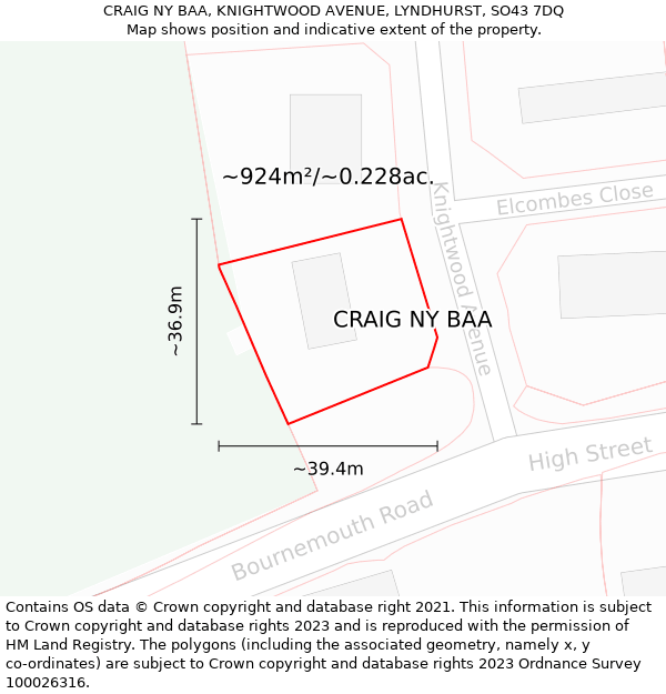 CRAIG NY BAA, KNIGHTWOOD AVENUE, LYNDHURST, SO43 7DQ: Plot and title map