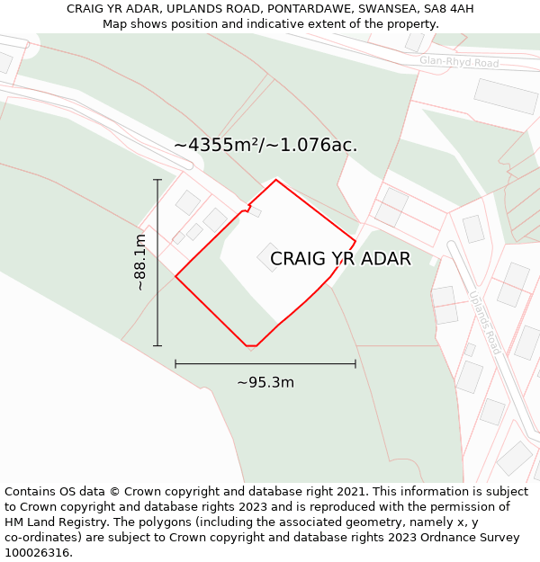 CRAIG YR ADAR, UPLANDS ROAD, PONTARDAWE, SWANSEA, SA8 4AH: Plot and title map