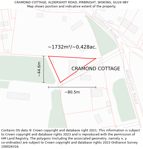 CRAMOND COTTAGE, ALDERSHOT ROAD, PIRBRIGHT, WOKING, GU24 0BY: Plot and title map