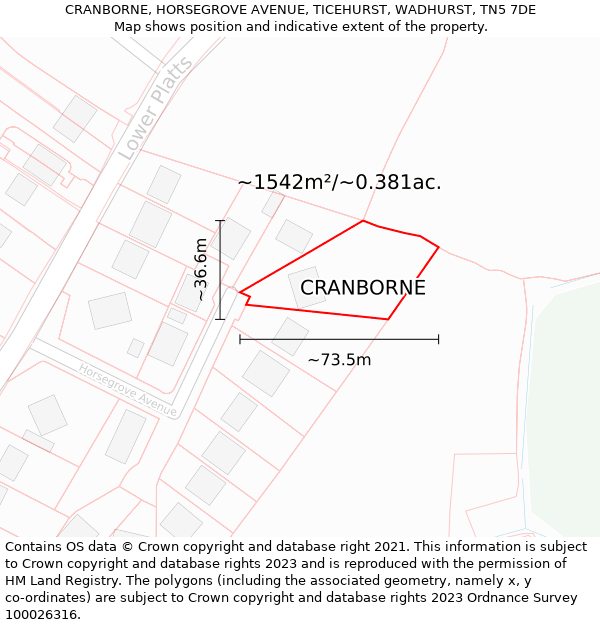 CRANBORNE, HORSEGROVE AVENUE, TICEHURST, WADHURST, TN5 7DE: Plot and title map