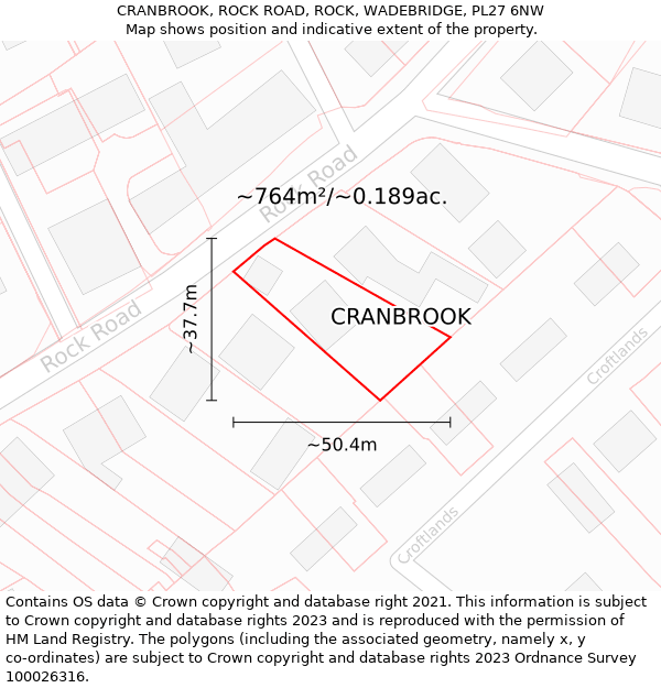 CRANBROOK, ROCK ROAD, ROCK, WADEBRIDGE, PL27 6NW: Plot and title map