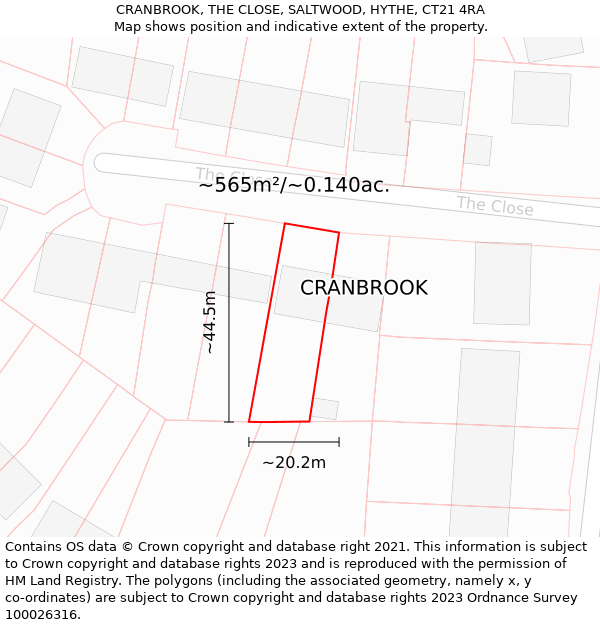 CRANBROOK, THE CLOSE, SALTWOOD, HYTHE, CT21 4RA: Plot and title map