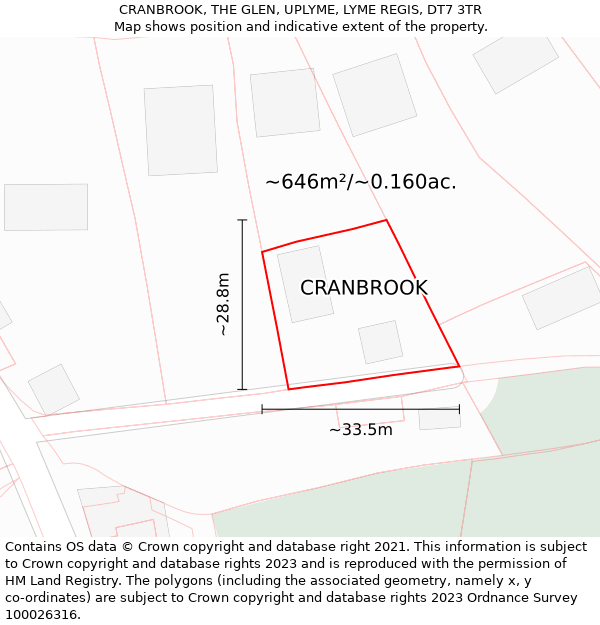 CRANBROOK, THE GLEN, UPLYME, LYME REGIS, DT7 3TR: Plot and title map