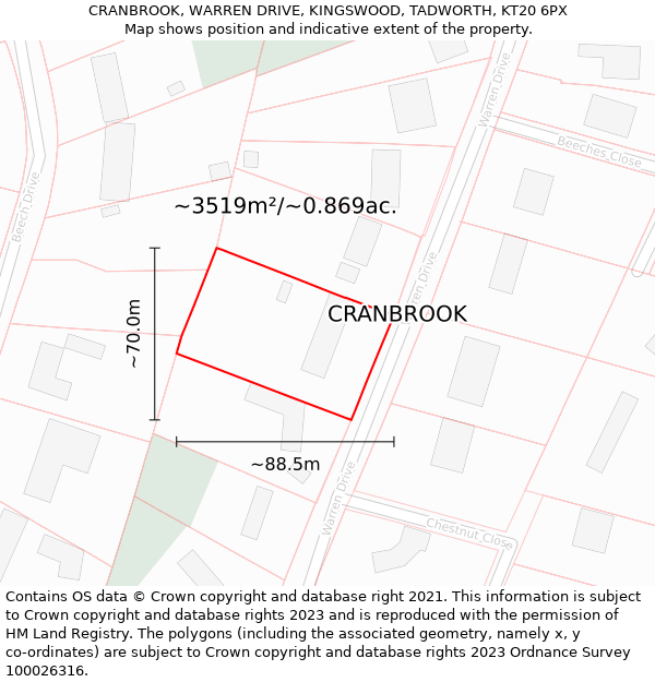 CRANBROOK, WARREN DRIVE, KINGSWOOD, TADWORTH, KT20 6PX: Plot and title map