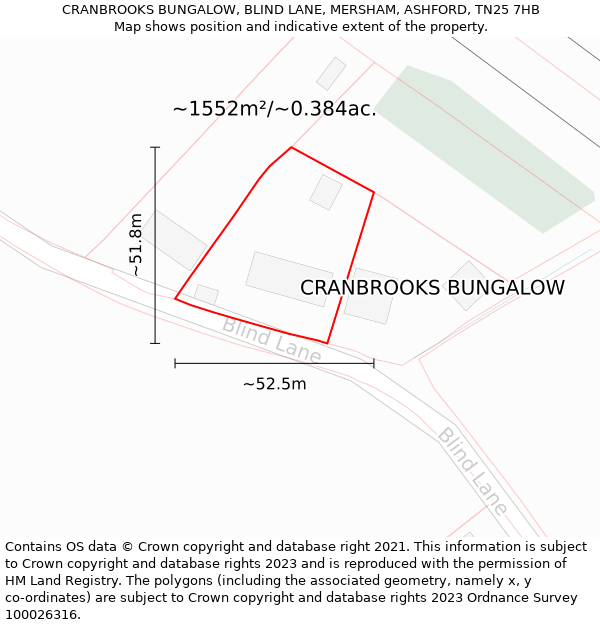 CRANBROOKS BUNGALOW, BLIND LANE, MERSHAM, ASHFORD, TN25 7HB: Plot and title map