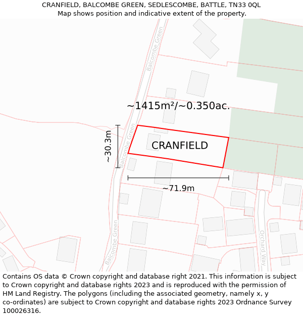 CRANFIELD, BALCOMBE GREEN, SEDLESCOMBE, BATTLE, TN33 0QL: Plot and title map