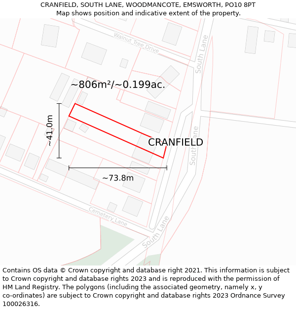 CRANFIELD, SOUTH LANE, WOODMANCOTE, EMSWORTH, PO10 8PT: Plot and title map