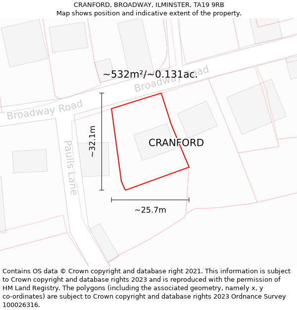 CRANFORD, BROADWAY, ILMINSTER, TA19 9RB: Plot and title map